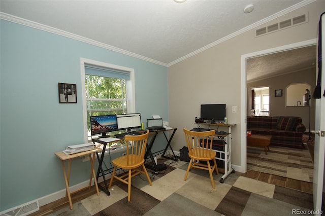 home office with ornamental molding, a textured ceiling, and vaulted ceiling