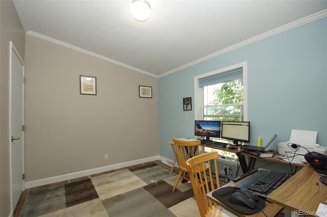 office space featuring lofted ceiling and ornamental molding