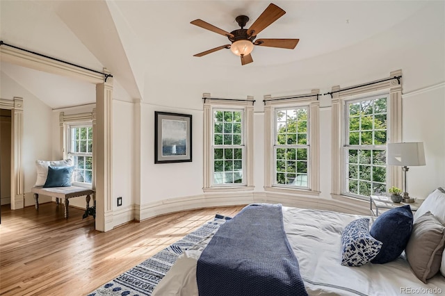 209 S Lincoln St, Denver, CO 80209 - bedroom with light wood finished floors, lofted ceiling, and a ceiling fan