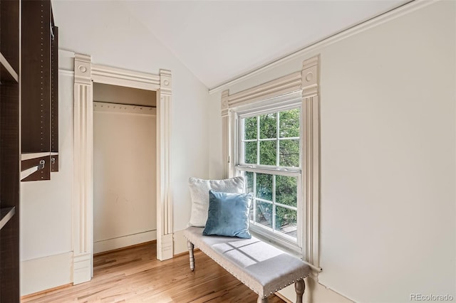 209 S Lincoln St, Denver, CO 80209 - sitting room featuring wood finished floors, vaulted ceiling, and baseboards