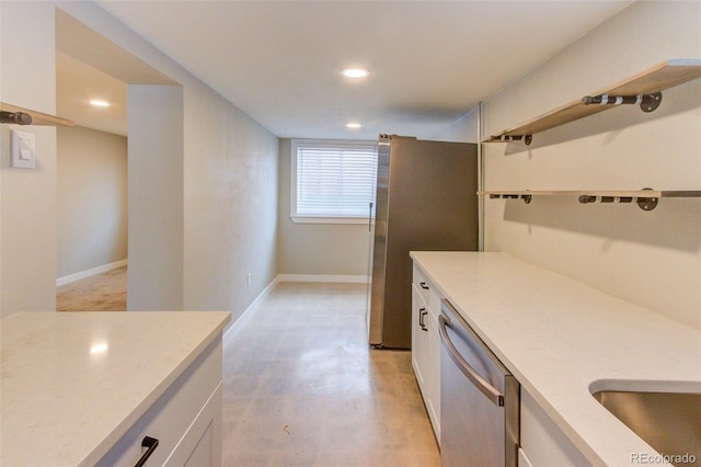 kitchen featuring recessed lighting, white cabinetry, light countertops, appliances with stainless steel finishes, and open shelves