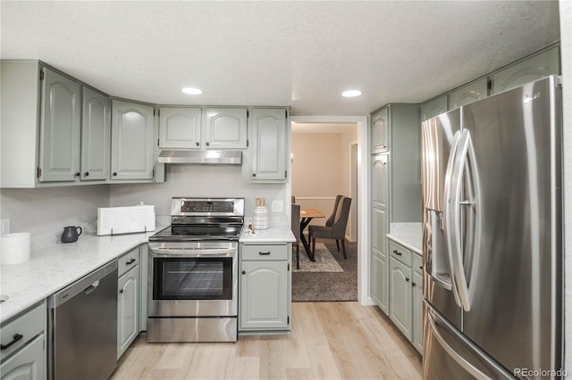 1409 S Moline St, Aurora, CO 80012 - kitchen with appliances with stainless steel finishes, under cabinet range hood, light wood-style floors, light countertops, and a textured ceiling
