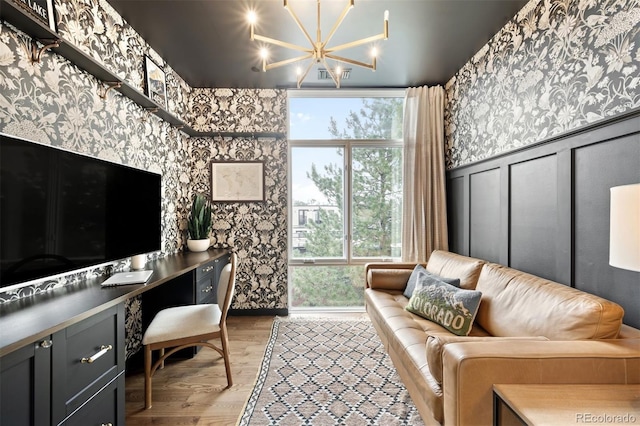 3220 Zuni St, Denver, CO 80211 - office space with wallpapered walls, a chandelier, light wood finished floors, healthy amount of natural light, and a wainscoted wall