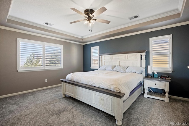 carpeted bedroom with a raised ceiling, multiple windows, and visible vents