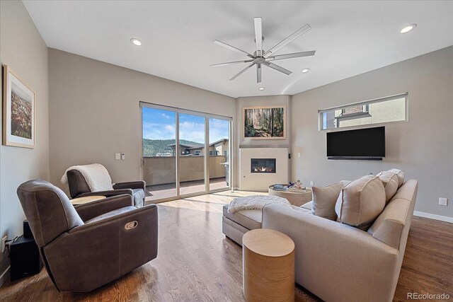 living room with ceiling fan and hardwood / wood-style floors