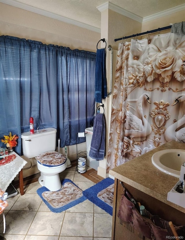 bathroom with toilet, vanity, and crown molding