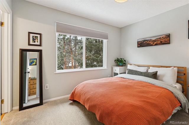 bedroom featuring carpet flooring, baseboards, and a textured ceiling