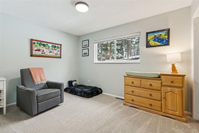 sitting room featuring a textured ceiling, baseboards, and carpet floors