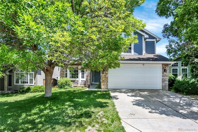 9682 Hemlock Ct, Highlands Ranch, CO 80130 - view of property hidden behind natural elements with stone siding, a front lawn, an attached garage, and concrete driveway