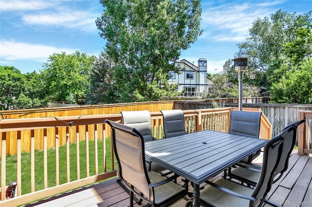 9682 Hemlock Ct, Highlands Ranch, CO 80130 - wooden deck featuring a fenced backyard and outdoor dining space