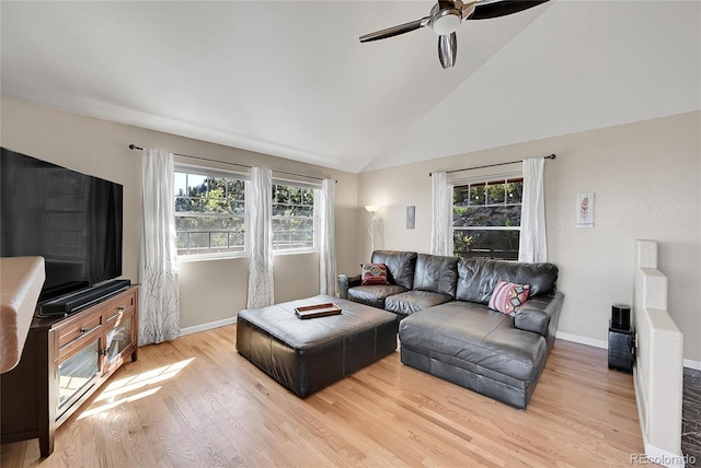 31324 Kings Vly, Conifer, CO 80433 - living area with light wood-style flooring, a ceiling fan, vaulted ceiling, and baseboards