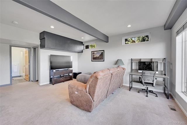 31324 Kings Vly, Conifer, CO 80433 - living room with light carpet, baseboards, recessed lighting, a desk, and beamed ceiling