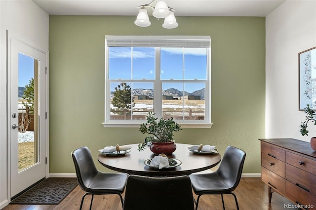 dining space with a mountain view, plenty of natural light, and light wood-type flooring