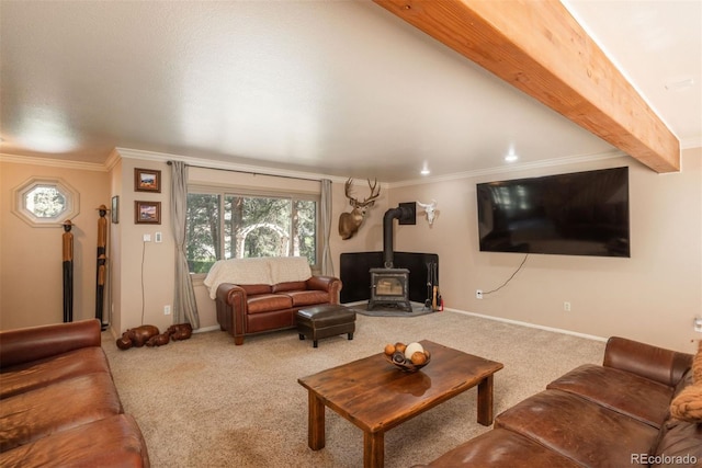 living room with carpet flooring, a wood stove, crown molding, and beamed ceiling