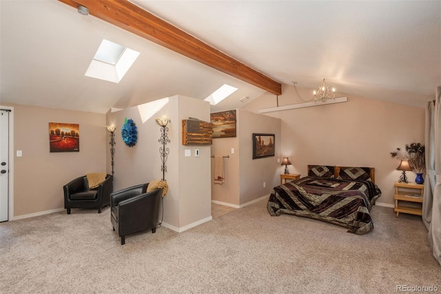 bedroom featuring a chandelier, vaulted ceiling with beams, and carpet flooring