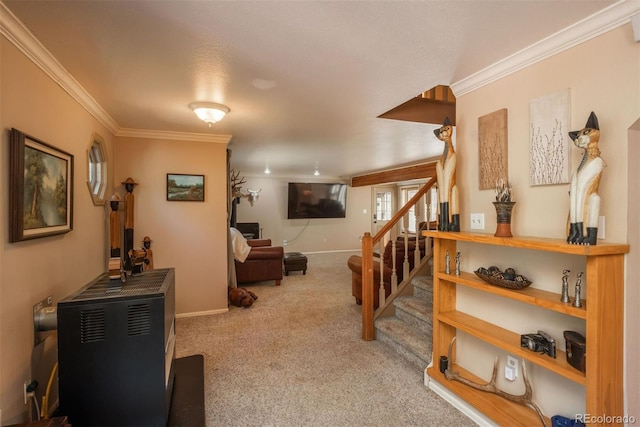 interior space with light carpet and crown molding