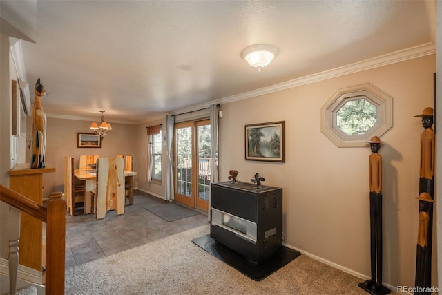 interior space with ornamental molding and a chandelier