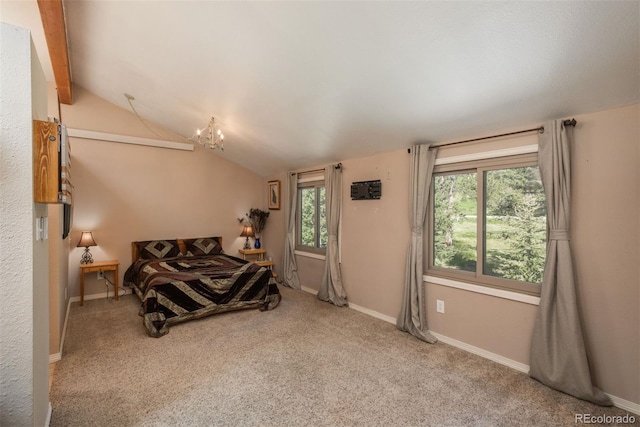 carpeted bedroom with vaulted ceiling with beams, multiple windows, and a notable chandelier