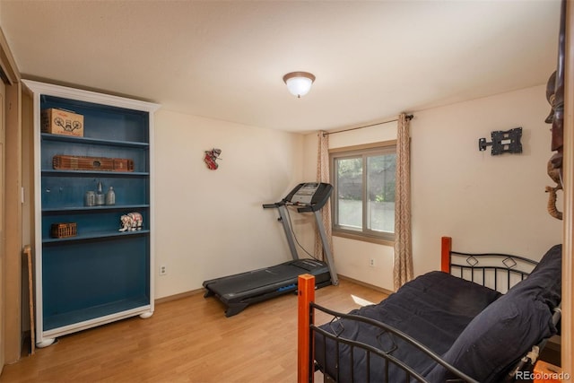 workout room with light hardwood / wood-style flooring