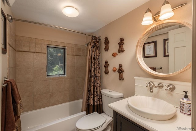 full bathroom featuring shower / bath combo, toilet, and vanity