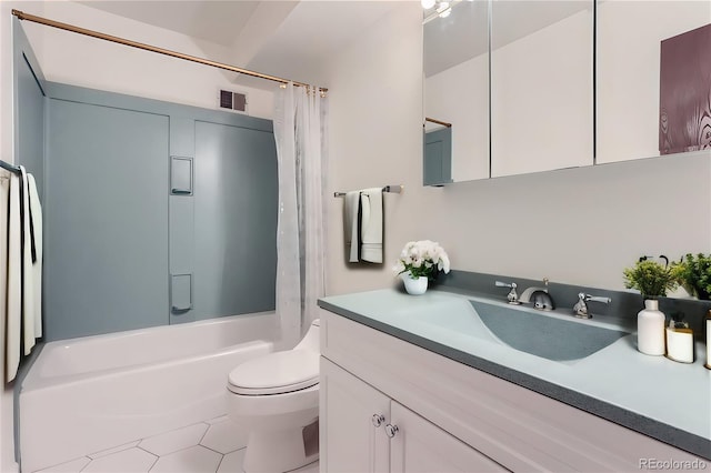 full bathroom featuring tile patterned flooring, shower / bath combo, toilet, and vanity