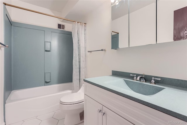 full bathroom with tile patterned flooring, vanity, toilet, and shower / bathtub combination with curtain