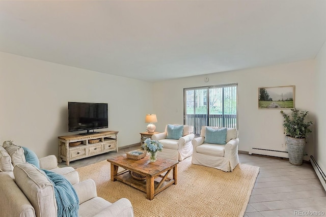 living room featuring light wood-type flooring and baseboard heating