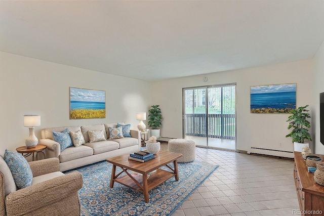 living room with baseboard heating and light tile patterned floors