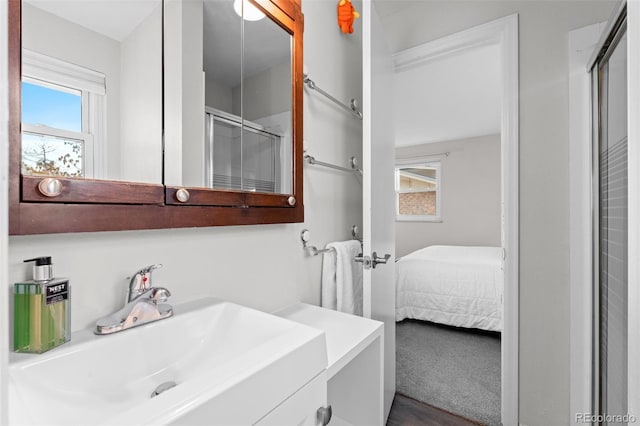 bathroom with a shower with door, wood-type flooring, and vanity