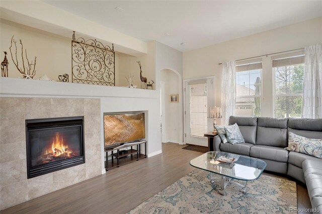 12348 W Gould Ave, Littleton, CO 80127 - living area featuring a fireplace, wood finished floors, and baseboards
