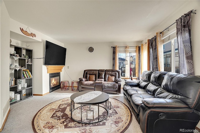 1214 S Akron Way, Denver, CO 80247 - living room with a glass covered fireplace and carpet flooring