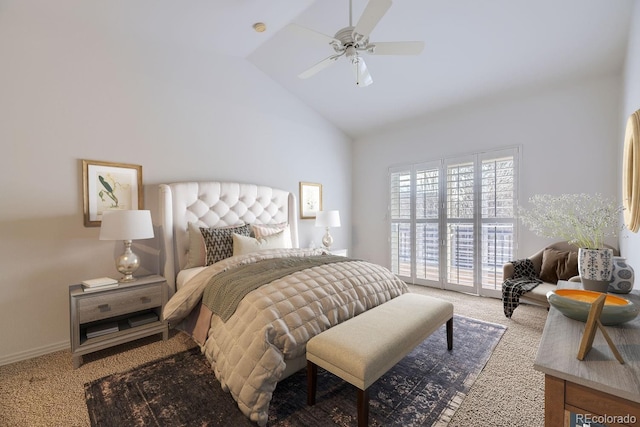 carpeted bedroom featuring lofted ceiling, access to exterior, and ceiling fan