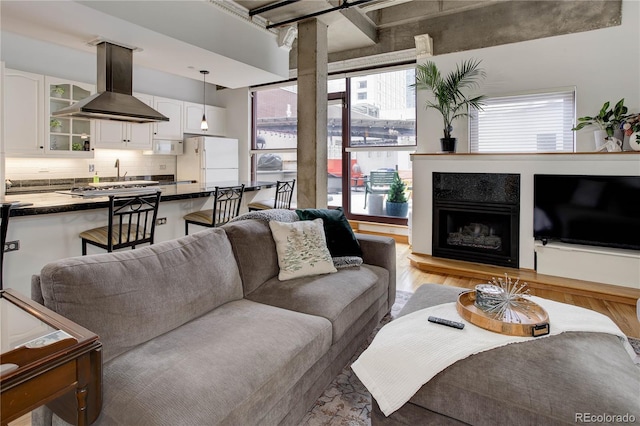 living room featuring light wood finished floors and a fireplace with raised hearth