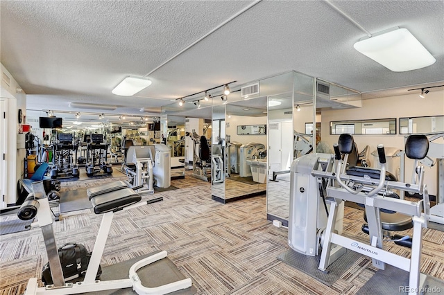 workout area with track lighting, a textured ceiling, and carpet