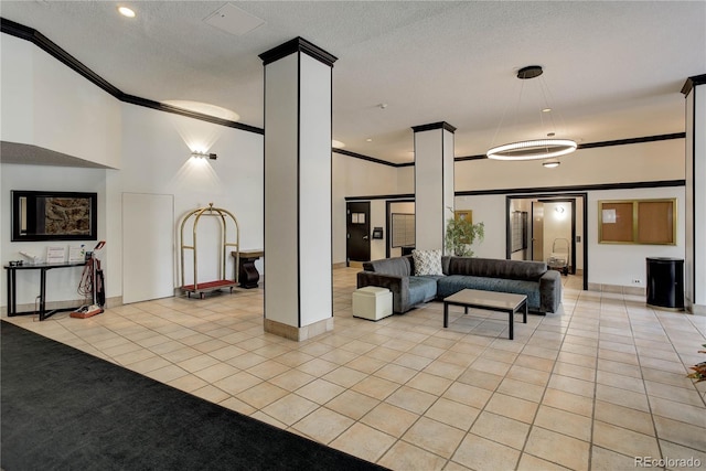 common area with crown molding, recessed lighting, and a textured ceiling