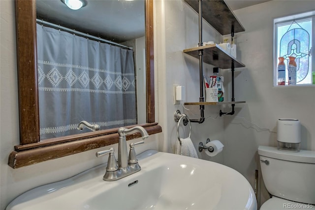 full bathroom with a sink, toilet, and curtained shower