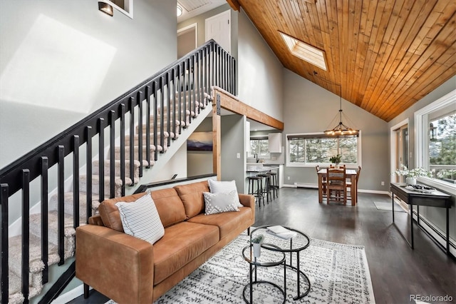 9189 Fallen Rock Rd, Conifer, CO 80433 - living room with wood finished floors, high vaulted ceiling, wooden ceiling, a skylight, and a chandelier