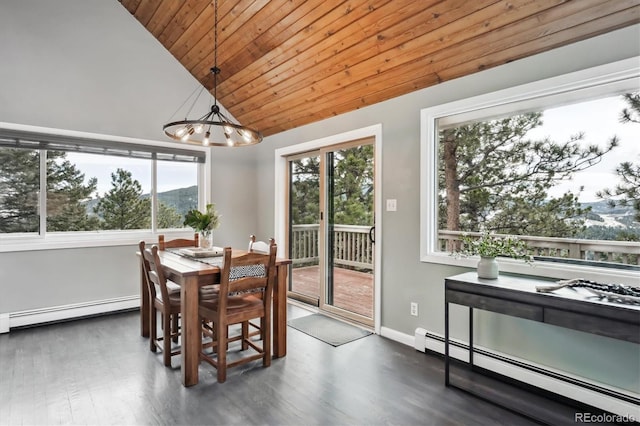 9189 Fallen Rock Rd, Conifer, CO 80433 - dining area with a baseboard heating unit, vaulted ceiling, a chandelier, wood ceiling, and healthy amount of natural light