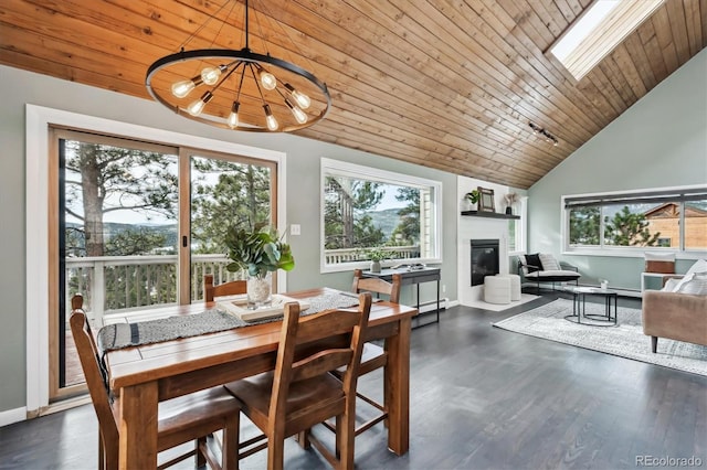 9189 Fallen Rock Rd, Conifer, CO 80433 - dining area with lofted ceiling, a glass covered fireplace, wood ceiling, dark wood-style floors, and a baseboard heating unit