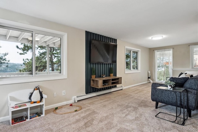 9189 Fallen Rock Rd, Conifer, CO 80433 - living room featuring a baseboard radiator and carpet