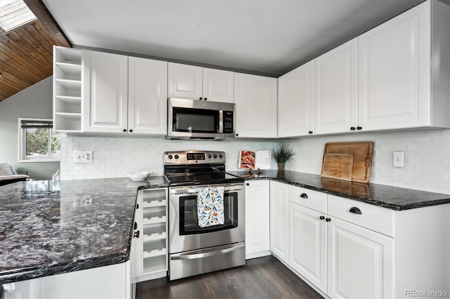 9189 Fallen Rock Rd, Conifer, CO 80433 - kitchen with stainless steel appliances, open shelves, white cabinets, dark wood finished floors, and backsplash