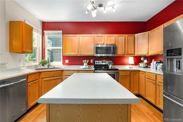 10262 Spotted Owl Ave, Highlands Ranch, CO 80129 - kitchen with stainless steel appliances, light wood-style floors, light countertops, and a center island