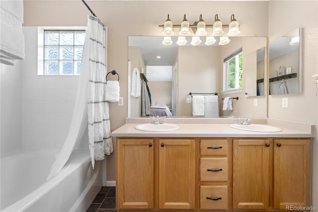 10262 Spotted Owl Ave, Highlands Ranch, CO 80129 - bathroom featuring double vanity, shower / tub combo with curtain, ensuite bathroom, and tile patterned floors