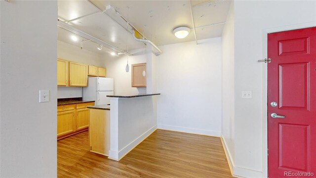 444 17th St Unit 301, Denver, CO 80202 - kitchen with freestanding refrigerator, dark countertops, light wood-type flooring, and a peninsula