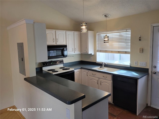 kitchen featuring sink, black appliances, electric panel, pendant lighting, and white cabinets