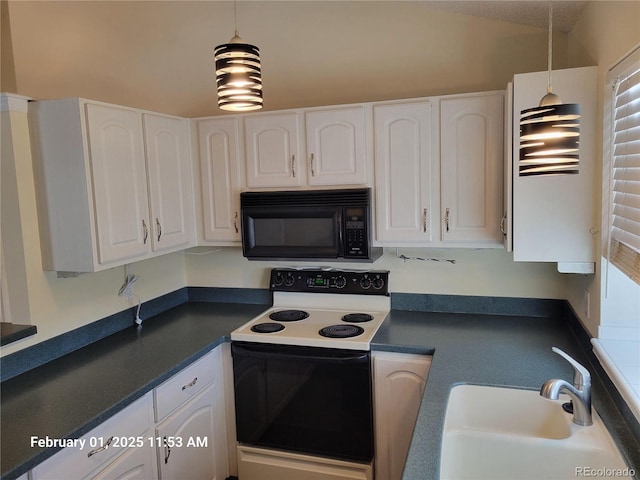 kitchen with dark countertops, electric range, black microwave, and a sink