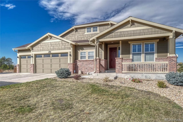 craftsman-style house with an attached garage, covered porch, brick siding, concrete driveway, and a front lawn