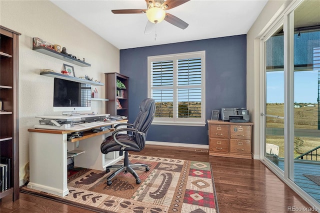 home office featuring ceiling fan, baseboards, and wood finished floors