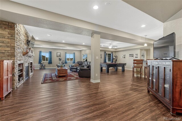 living area with a fireplace, dark wood finished floors, recessed lighting, billiards, and baseboards