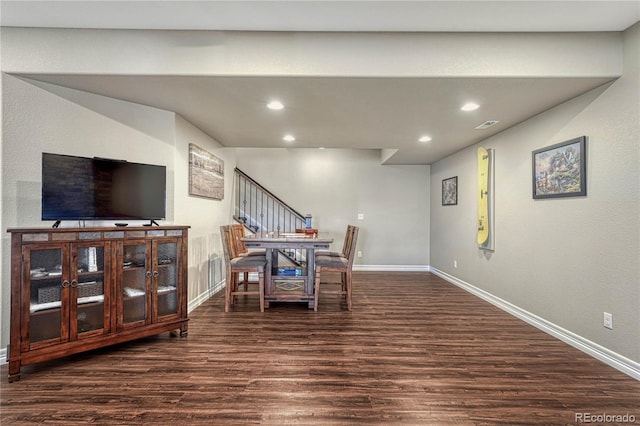 dining area with stairway, recessed lighting, wood finished floors, and baseboards